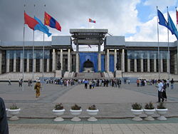 Statue of Genghis Khan in front of the Mongolian government building in Sükhbaatar Square, Ulaanbaatar