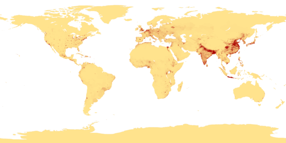Population density map of the world in 1994, when the world's population was at 5.6 billion; Observe the high densities in the Indo-Gangetic and North China Plains, the Sichuan Basin, the Nile river delta, Southern Japan, Western Europe, the Indonesian island of Java, Central America (especially El Salvador, the Americas' most densely populated nation), and the United States' BosWash megalopolis.