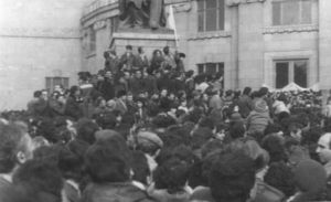Armenian students gather at Theater Square in central Yerevan to protest Soviet policies and rule in 1988.