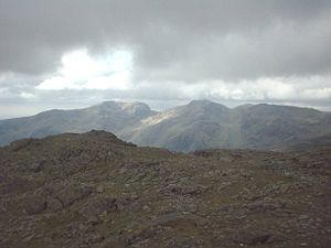 Scafell Pike (right) and Scafell (left) in the Lake District National Park, as seen from Crinkle Crags