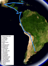 A map showing Che Guevara's movements between 1953 and 1956; including his trip north to Guatemala, his stay in Mexico and his journey east by boat to Cuba with Fidel Castro and other revolutionaries.