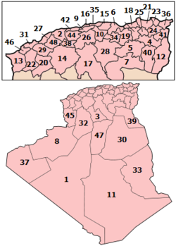 Map of the provinces of Algeria numbered according to the official order