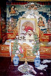 Throne awaiting Dalai Lama's return. Summer residence of 13th Dalai Lama, Nechung, Tibet.