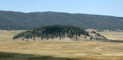 A forested lava dome in the midst of the Valle Grande, the largest meadow in the Valles Caldera National Preserve, New Mexico, United States.