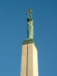 The statue of Liberty atop the Freedom Monument in Riga