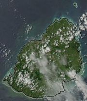 Satellite image of Mauritius, February 2003, with traced outline of island.