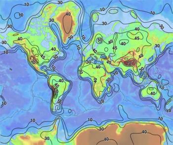 The thickness of the Earth's crust (km).