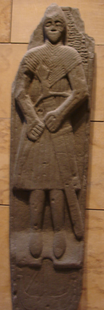 Medieval Gaelic warrior, as depicted on a later medieval grave-slab from Finlaggan. This warrior is Hebridean, but as such is closely related to the warrior of the high medieval Exercitus Scoticanus