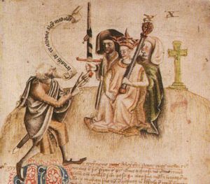 Coronation of King Alexander on Moot Hill, Scone. He is being greeted by the ollamh rígh, the royal poet, who is addressing him with the proclamation "Benach De Re Albanne" (= Beannachd Dé Rígh Alban, "God Bless the King of Scotland"); the poet goes on to recite Alexander's genealogy.