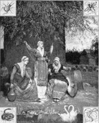 The Norns spin the threads of fate at the foot of Yggdrasil, the tree of the world.