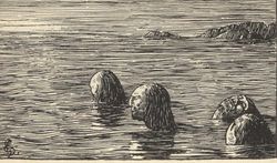 One gruesome form of execution occurred during the Christianization of Norway. King Olaf Tryggvason had male völvas (sejdmen) tied and left on a skerry at ebb. (1897 illustration by Halfdan Egedius)