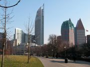 View of the 'Hoftoren' (left) and the Ministry of Public Health, Wellbeing and Sports (right)