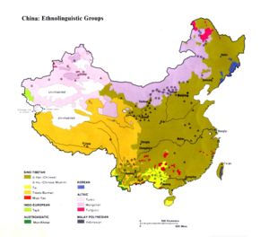Ethnolinguistic map of the People's Republic of China and the Republic of China.