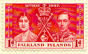 A Falkland stamp commemorating the coronation of King George VI of the United Kingdom.