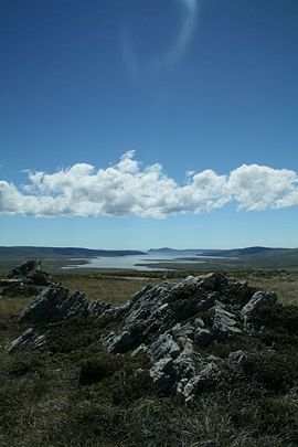 San Carlos Water, one of many inlets on East Falkland. The islands are heavily indented by sounds and fjords