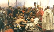 "Reply of the Zaporozhian Cossacks to Sultan Mehmed IV of the Ottoman Empire." Painted by Ilya Repin from 1880 to 1891.