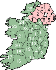 Map of the Republic of Ireland with numbered counties.