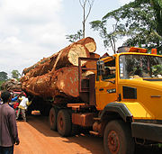 A bush taxi attempts to pass a stalled logging vehicle on the road between Abong-Mbang and Lomié, East Province.