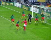 Cameroon faces Germany at Zentralstadion in Leipzig, 27 April 2003.