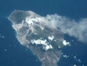 Volcano eruption from space, looking south from the northern tip of the island.