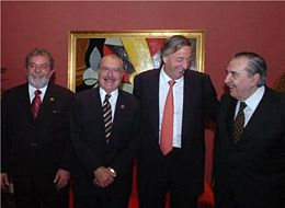Brazilian Presidents "Lula" da Silva (since 2003) and Jose Sarney (1985-90) reunite with Argentine Presidents Nestor Kirchner (2003-07) and Raul Alfonsin (1983-89) to commemorate 20 years of productive trade talks.