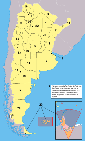 Provinces of Argentina. Argentina claims the Falkland Islands ("Islas Malvinas"), a UK overseas territory, as well as a slice of Antarctica, both of which it assigns to its Tierra del Fuego Province (number 23).