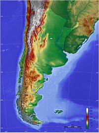 Topographic map of Argentina (including some territorial claims).