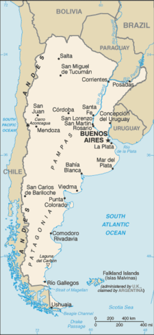 Source: CIA Political map of Argentina showing the area it controls. The Falkland Islands (Islas Malvinas) are controlled by the United Kingdom but are claimed by Argentina.