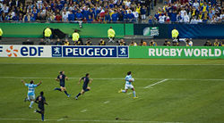 Ignacio Corleto of Los Pumas on his way to score a try against France in the 2007 Rugby World Cup. That day they beat France 17 - 12. Argentina reached third place in the tournament