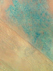 Satellite view of Al-Dahna desert in Saudi Arabia showing different depositional features.