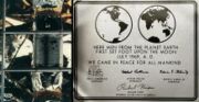 The historical plaque on the ladder of Apollo 11's lunar module "Eagle", still remaining on the Moon