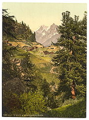 The Zmutt Valley and the Mischabelhörner (or Mischabel) mountains in the canton of Valais.  The image is from a photochrom postcard (circa 1890).