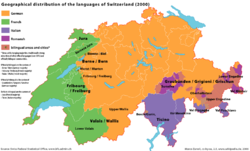 Official languages in Switzerland:       Swiss German (62.7%; 72.5%)        French (20.4%; 21.0%)        Italian (6.5%; 4.3%)        Romansh (0.5%; 0,6% ) 