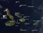 Satellite photo of the Galápagos islands overlayed with the names of the visible main islands.