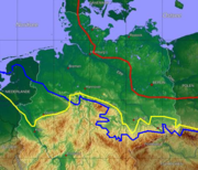 Ice age map of northern central Europe. Red: maximum limit of Weichselian ice age; yellow: Saale ice age at maximum (Drenthe stage); blue: Elster ice age maximum glaciation.
