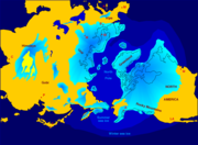 Northern hemisphere glaciation during the last ice ages. The set up of 3 to 4 km thick ice sheets caused a sea level lowering of about 120 m.