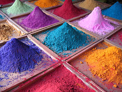 Pigments for sale at a market stall in Goa, India.
