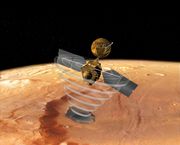 An artist's concept of MRO using SHARAD to "look" under the surface of Mars