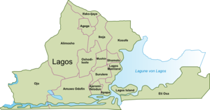 Map showing the 16 LGAs making up Metropolitan Lagos. Note that Metropolitan Lagos is a statistical area and not an administrative entity unlike Lagos State. Lagos State is made up of these 16 LGAs and 4 other larger LGAs not shown on the map.
