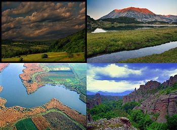 Landscapes from Bulgaria. Clockwise from top left: a cloudy forest; Todorka Peak in Pirin; Belogradchik Rocks; Lake Shabla on the Black Sea coast.