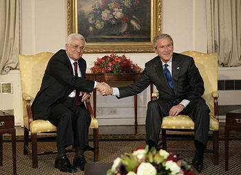 President of the United States George W. Bush meets with President Mahmoud Abbas of the Palestinian Authority during their trip to New York City for the United Nations General Assembly.