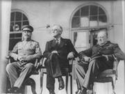 Left to right: General Secretary of the Communist Party Joseph Stalin, President Franklin D. Roosevelt of the United States, and Prime Minister Winston Churchill of the United Kingdom.
