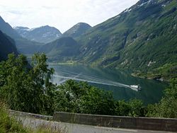 Typical Western Norwegian landscape with village (Geiranger)