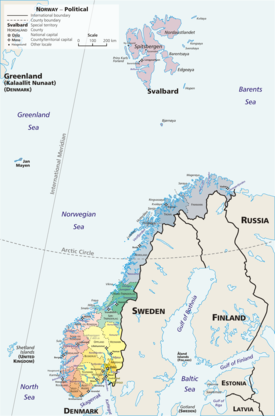 A geopolitical map of Norway, exhibiting its nineteen first-level administrative divisions (fylker or "counties")