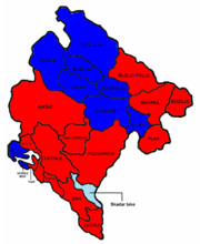 Local self-government in Montenegro; red represents the municipalities in which the ruling DPS governs and blue are administered by the pro-Serbian opposition