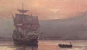 The Mayflower transported Pilgrims to the New World in 1620, as depicted in William Halsall's The Mayflower in Plymouth Harbor, 1882