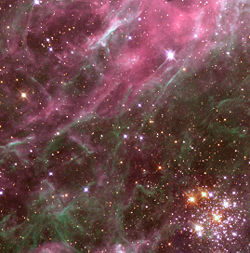 A cluster of stars a few million years old at the lower right illuminates the Tarantula Nebula in the Large Magellanic Cloud.