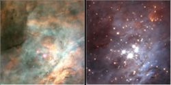 Optical images reveal clouds of gas and dust in the Orion Nebula; an infrared image (right) reveals the new stars shining within.