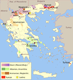 Traditional non-Greek language zones in Greece. Note: Greek is the dominant language throughout Greece; inclusion in a non-Greek language zone does not necessarily imply that the relevant minority language is still spoken there, or that its speakers consider themselves an ethnic minority.