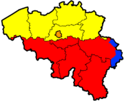 Languages and provinces of Belgium (yellow: Dutch language, red: French language, orange: bilingual French - Dutch, blue: German language)